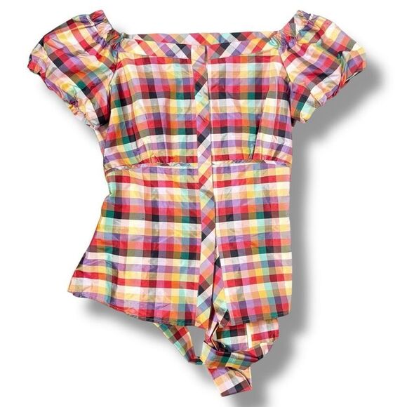 Lafayette New York 148 Square Neck Multicolor Plaid Short Sleeve Belted Blouse 8 - Picture 2 of 8